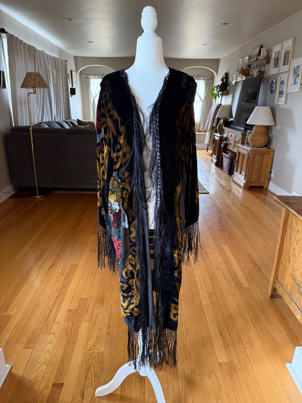 Black Velvet & Silk Fringe Kimono with Gold & Rose Embroidery